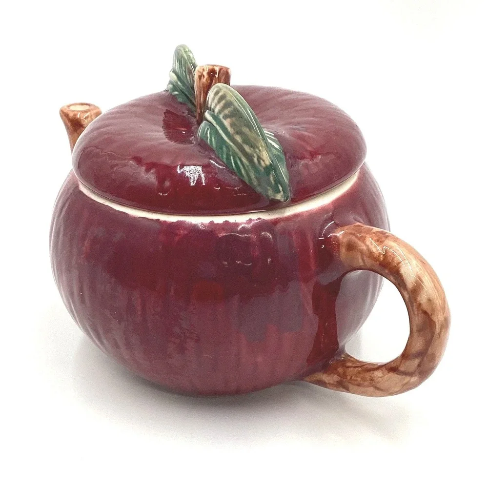 Vintage‎ Red Apple Ceramic Teapot with Lid Hand Painted Fruit Shape Fall Decor